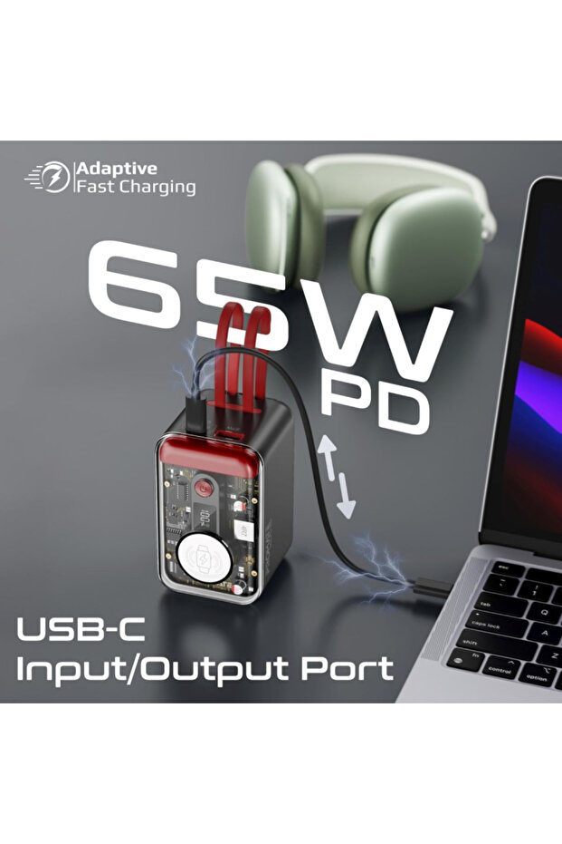 بنك طاقة شفاف 65 وات مع كابل USB-C و Lightning مدمج - 20000 مللي أمبير في الساعة - أحمر - 7
