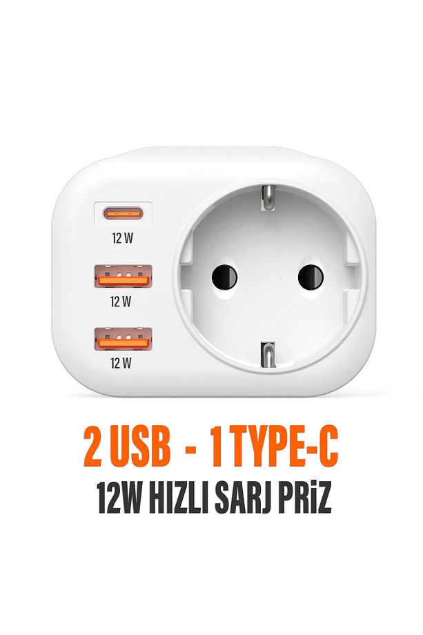 USB Type-C Priz Dönüştürücü Şarj Adaptörü Priz - 2 USB - 1 Type-C Girişli Çoklu Fiş - 1