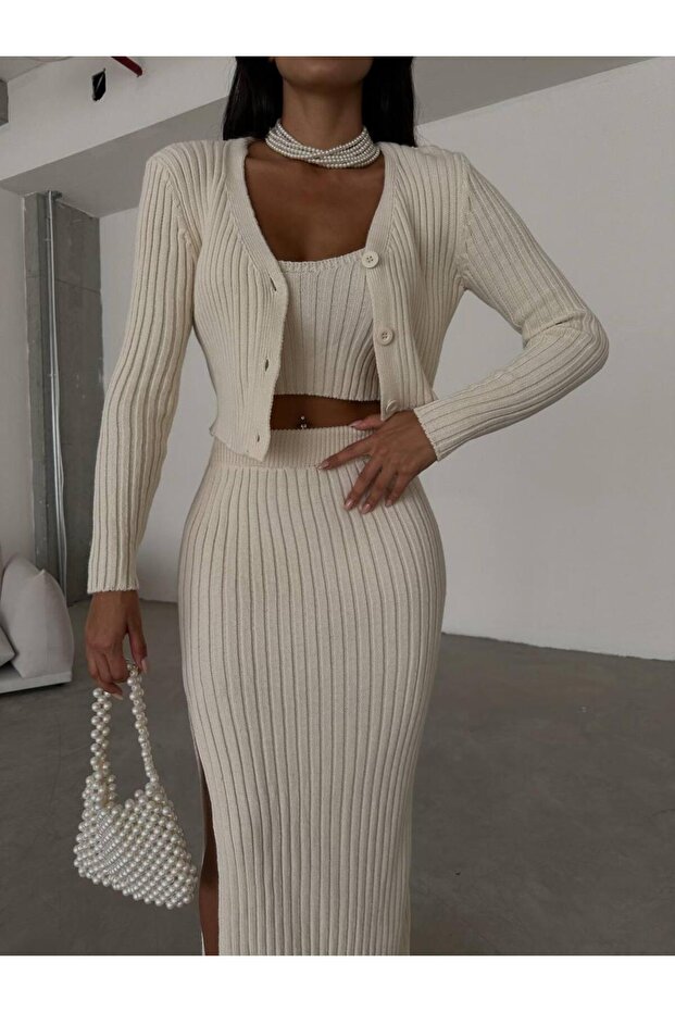 Dgn's London Button-Detail Slit Skirt-Cardigan-Blouse 3-Piece Set