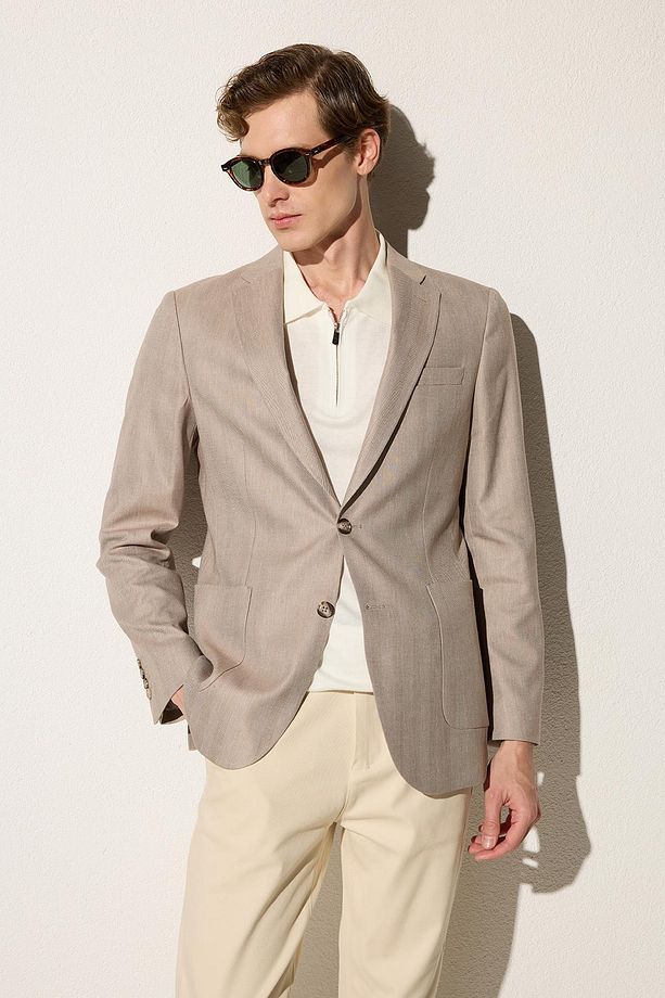 Erkek Slim Fit Mono Yaka Çift Yırtmaçlı Casual Bej Tek Ceket - 1
