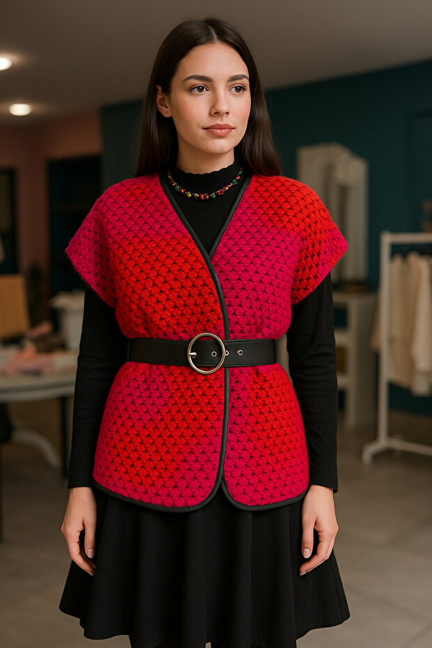 Deri Biyeli Triko Yelek - 1