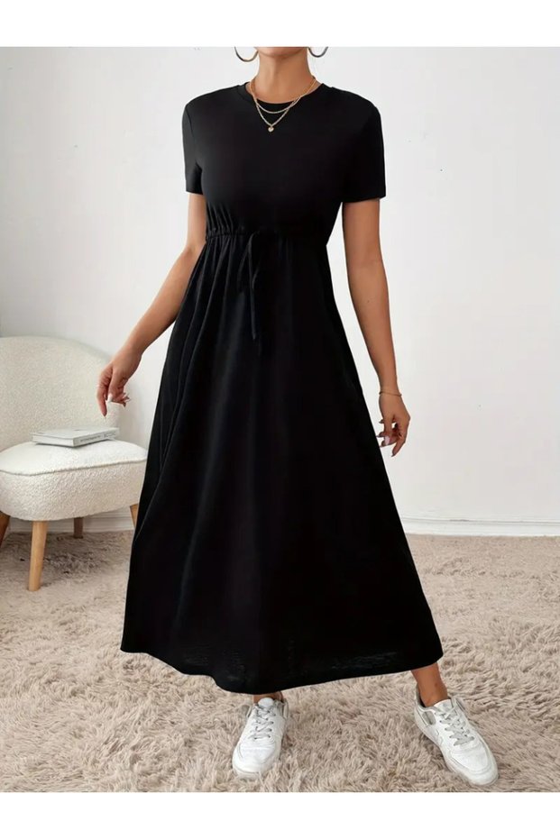 Women's Short Sleeve Crew Neck Waist Lace up Viscose Dress with Pockets