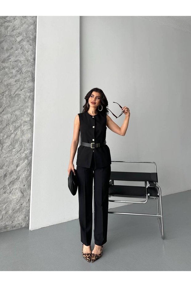 Women's Belted Vest Palazzo Pants Suit Two-Piece