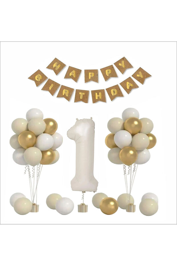 1 Year Old Kraft Theme Gold, White, Sand Balloon + Baner Set
