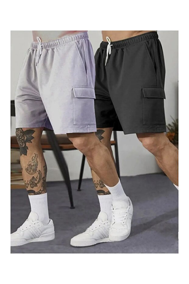 2 in 1 Summer Cotton Cargo Pocket Elastic Waist Sports Shorts