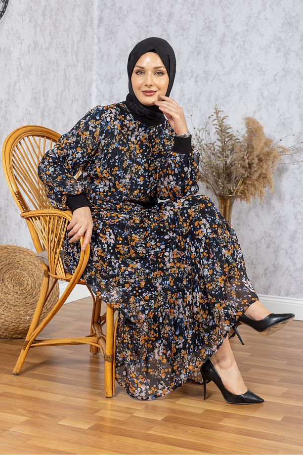Siyah Çiçekli Şifon Tesettür Elbise - 4