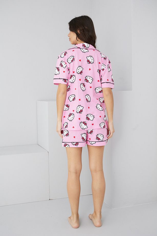 pembe lisanslı hello kitty desenli Pamuklu Düğmeli Biyeli Örme Şort Takım7885 - 3