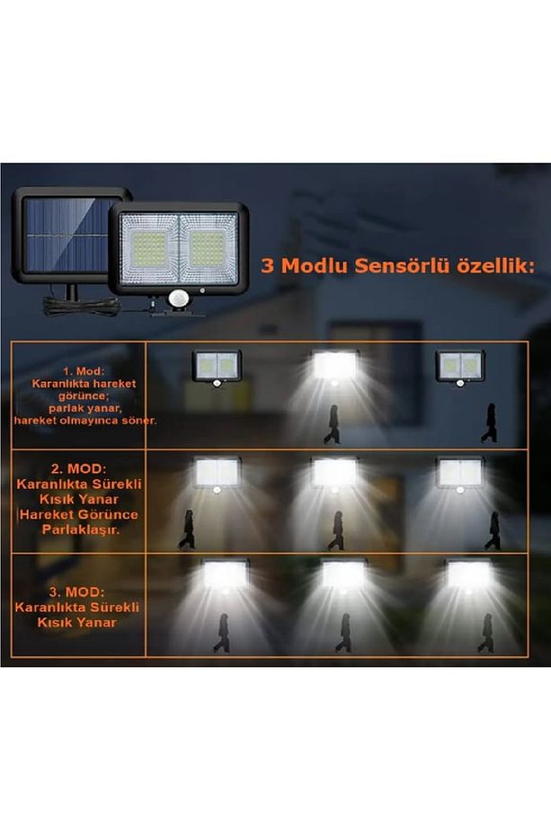 GÜNEŞ ENERJİLİ 5 METRE KABLOLU 260 LÜMEN ÜÇ MODLU VE HAREKET SENSÖRLÜ BAĞ BAHÇE KARAVAN AYDINLATMA - 2