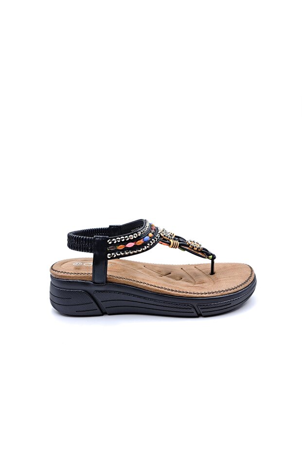 Stone and Bead Detailed Elastic Wedge Sole Black Flip Flops Women's Sandals