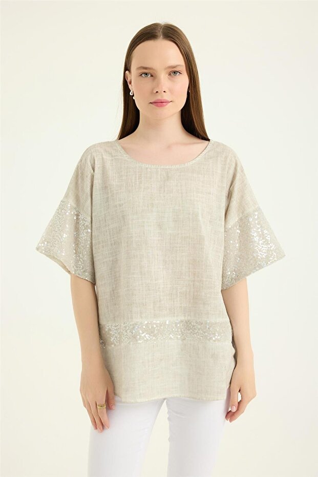 Payetli Kısa Kol Bluz - 1