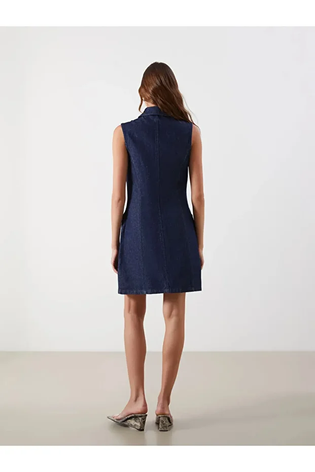 LCW Vision Indigo Gömlek Yaka Jean Elbise - 3