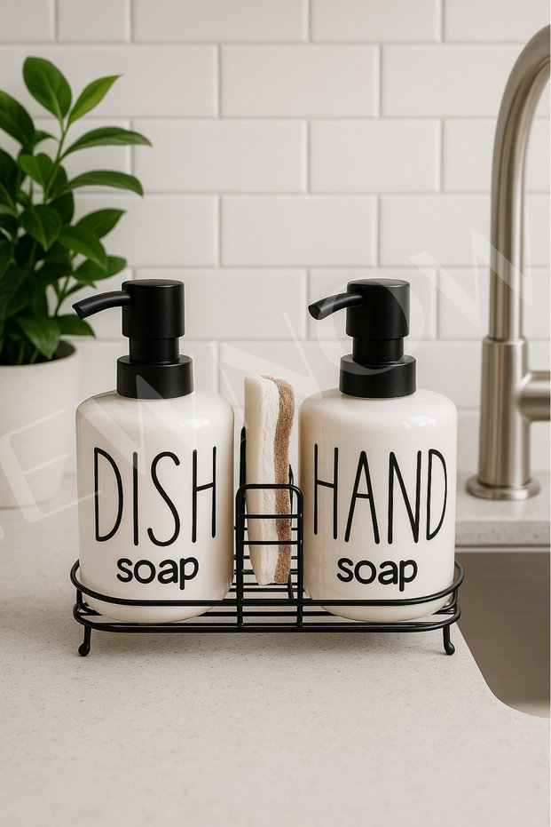 Set of 2 Liquid Soap Dispensers - Kitchen and Bathroom Soap Dispenser Set with Metal Stand and Sponge