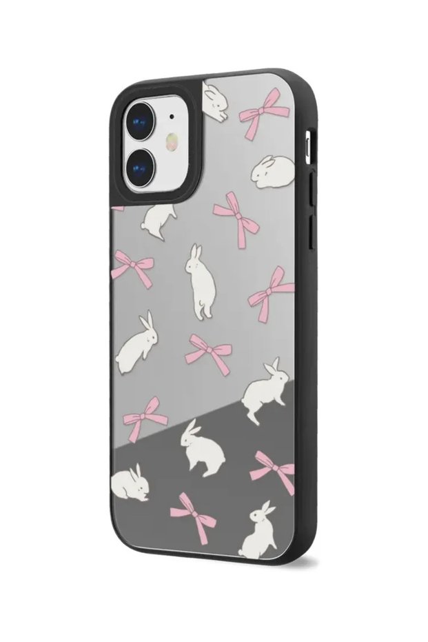 Apple iPhone 11 Compatible Mirror Case Rabbit Ribbon Pattern Anti-Shock Cover