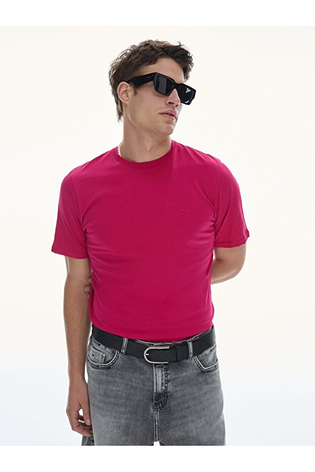 Sıfır Yaka Basıc Kısa Kol Regular Mor T-shırt - 2