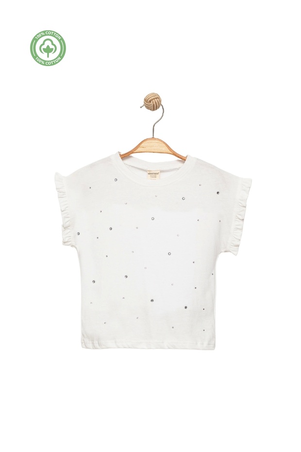 Girl's Ruffle Sleeve Stone Detailed 100% Cotton Ecru T-Shirt