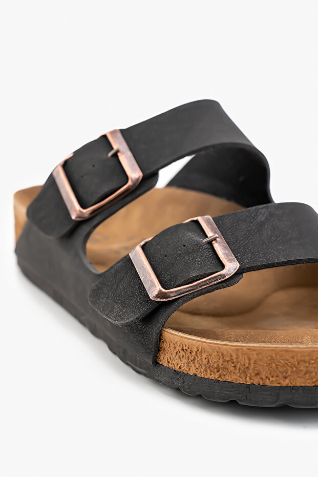 Women's Arizona Black Double Buckle Slippers