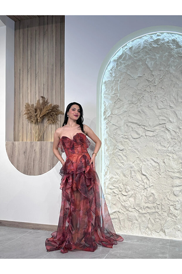 Turuncu 2000 Tül Abiye Elbise - 1