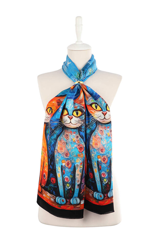 Orange Cat Pattern Silk Scarf - 1