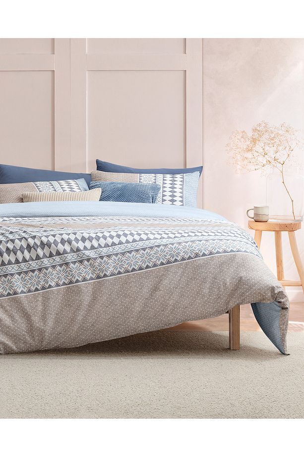 Benoit King Size %100 Pamuk Ranforce Baskılı Nevresim Takımı - Bej/Mavi - 1