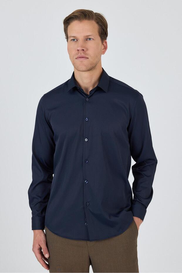 Navy Blue Hard Collar Pocketless Gabardine Long Sleeve Slim Fit Flexible Shirt 1004250234