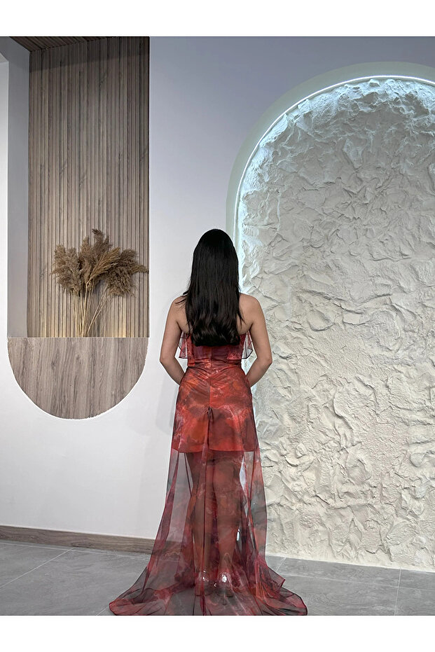 Turuncu 2000 Tül Abiye Elbise - 6