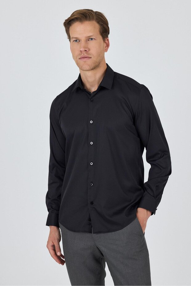 Men's Black Rigid Collar Long Sleeve Slim Fit Flexible Shirt 1004250234