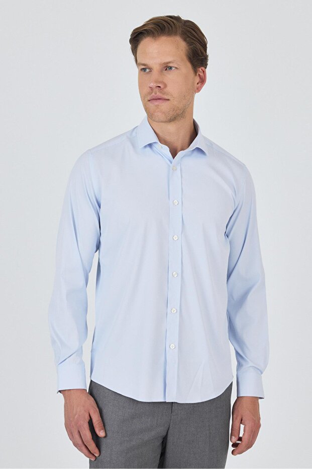 Men's Dark Blue Half Italian Collar Long Sleeve Slim Fit Flexible Shirt 1004250235