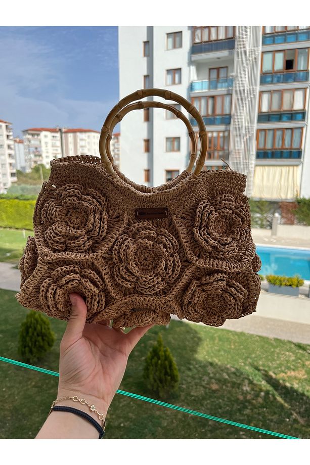 Gül motifli hasır çanta - 2