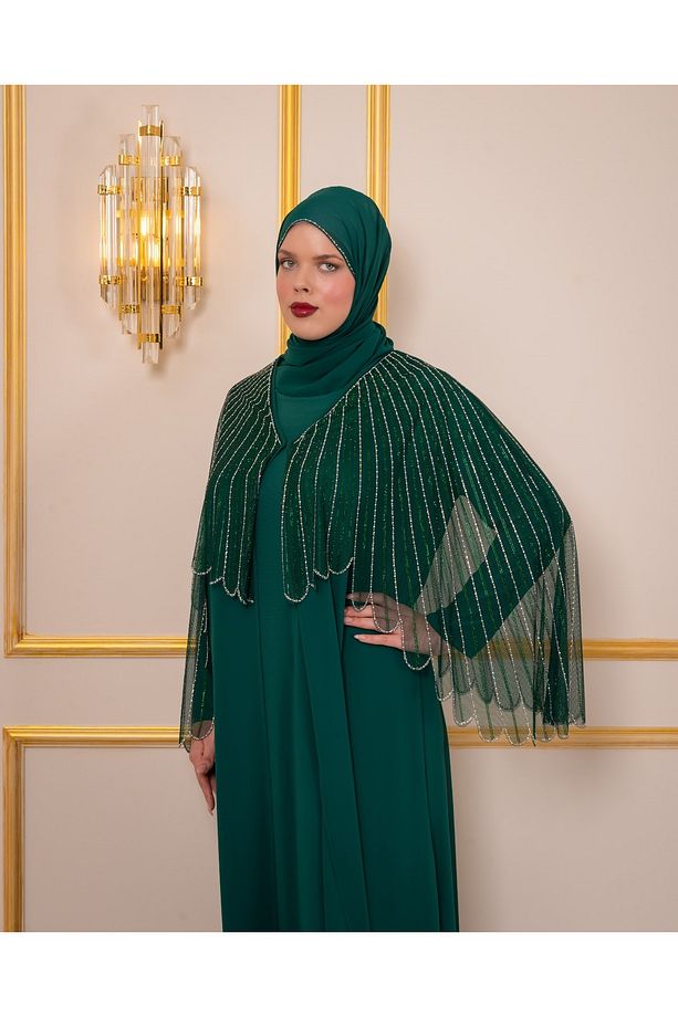 Likralı İç Elbise Üzerine Taş İşlemeli Büyük Beden Şifon Abiye Kaftan - 6