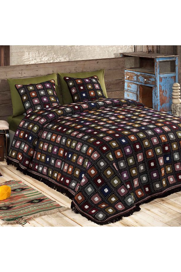 Retro El Örgüsü Temalı Jakarlı Dokuma Çift Kişilik Yatak Örtüsü 260 x 260 cm Vintage Yatakörtüsü - 1