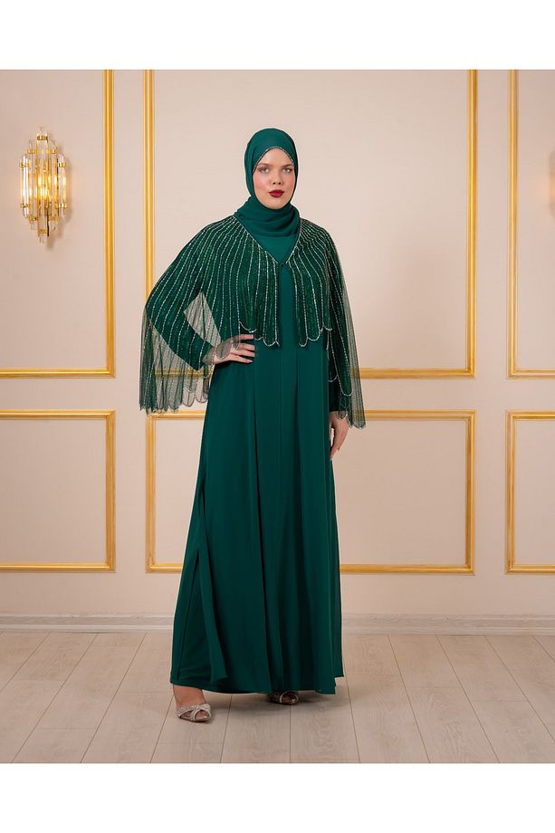 Likralı İç Elbise Üzerine Taş İşlemeli Büyük Beden Şifon Abiye Kaftan - 4