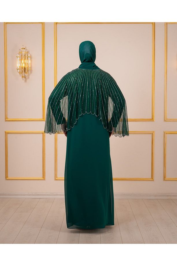 Likralı İç Elbise Üzerine Taş İşlemeli Büyük Beden Şifon Abiye Kaftan - 5