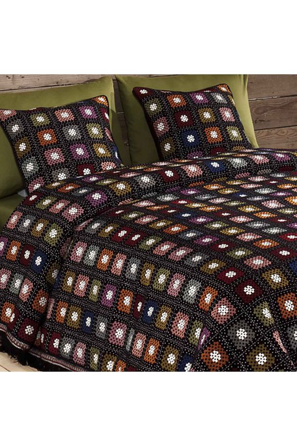 Retro El Örgüsü Temalı Jakarlı Dokuma Çift Kişilik Yatak Örtüsü 260 x 260 cm Vintage Yatakörtüsü - 2