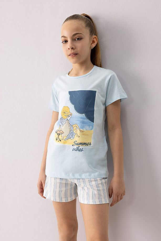 Kız Çocuk Pijama Takımı Baskılı Kısa Kollu Üst Esnek Belli Kısa Şort E6232a825sp - 2