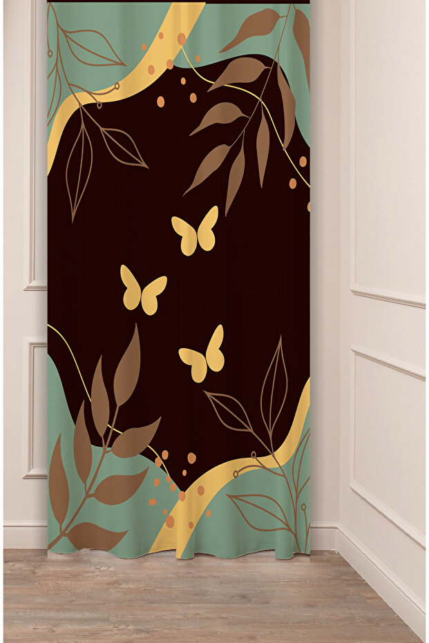 Bohemian Leaf Butterfly Gold Patterned Special Design Digital Printed (Single Wing) Stylish Modern Background Curtain