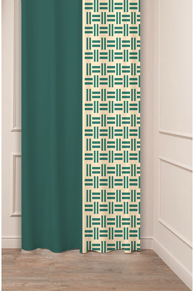 Geometric Line Simple Soft Square Patterned Special Design Digital Printed (Single Wing) Green Beige Background Curtain