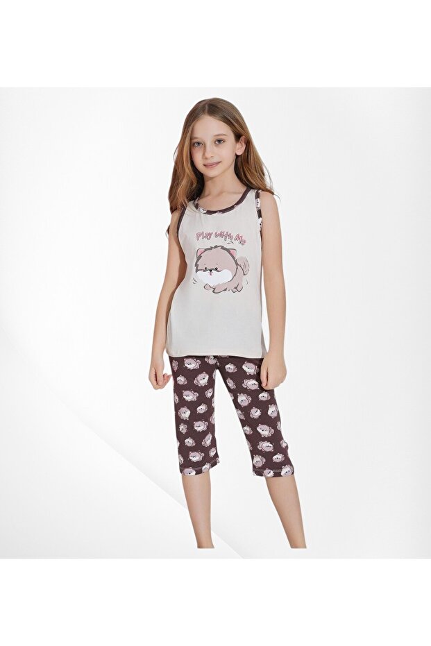 Girl's 100% Cotton Cat Patterned Zero Sleeve Capri Beige Color Summer Pajama Set