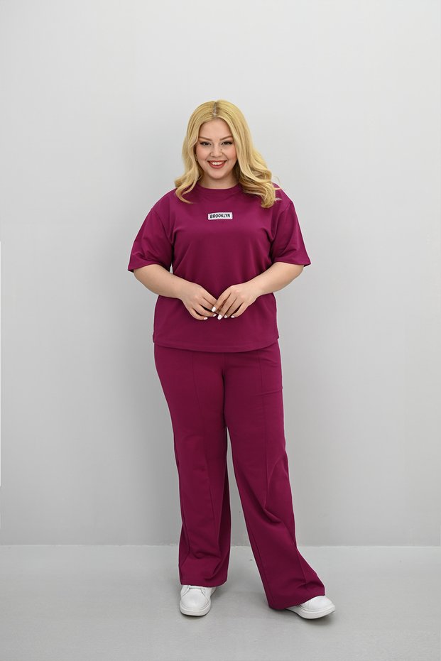 Women's Large Size Short Sleeve Label Detailed Loose Wide Leg Tracksuit Set 8196-25