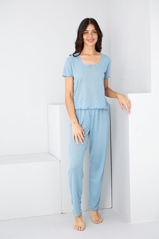 indigo Pointel Ajurlu/Delikli Örme Pijama Takım7893 - 3