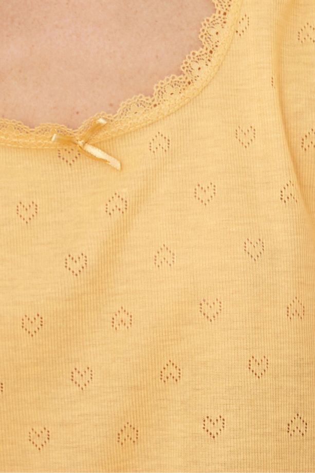 sarı Pointel Ajurlu/Delikli Örme Pijama Takım7893 - 2