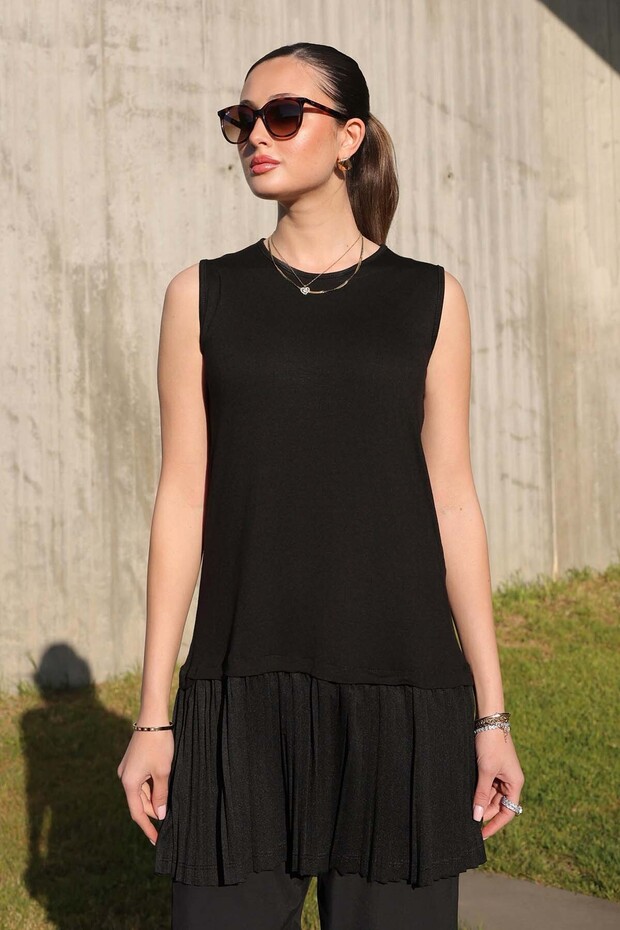 Pleated Sleeveless Combed Cotton Underwear Tunic Black 4776