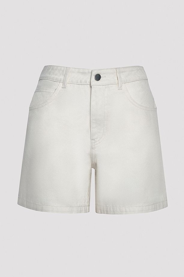 Krem Yüksek Bel Denim Görünümlü Şort - 4