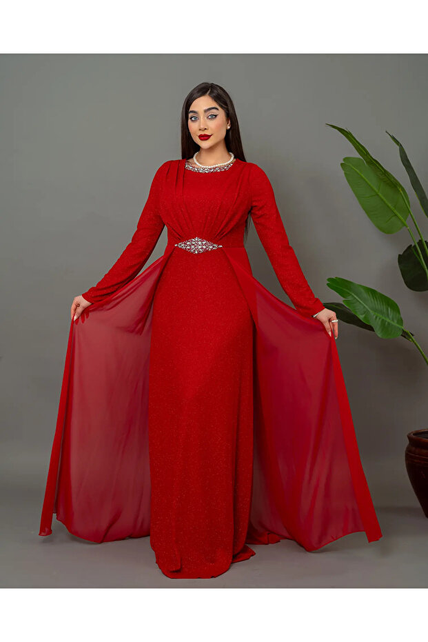 Long Chiffon Cape Stone Detailed Hijab Evening Dress Abu39842