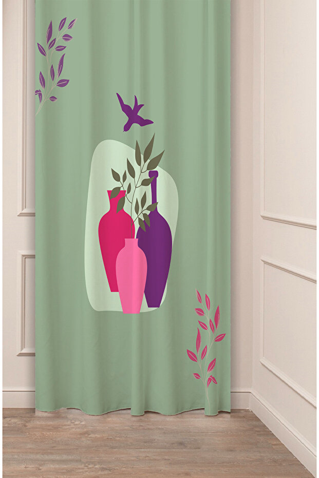 Vase Leaf Bird Soft Pastel Bohemian Patterned Special Design Digital Printed (Single Wing) Modern Background Curtain