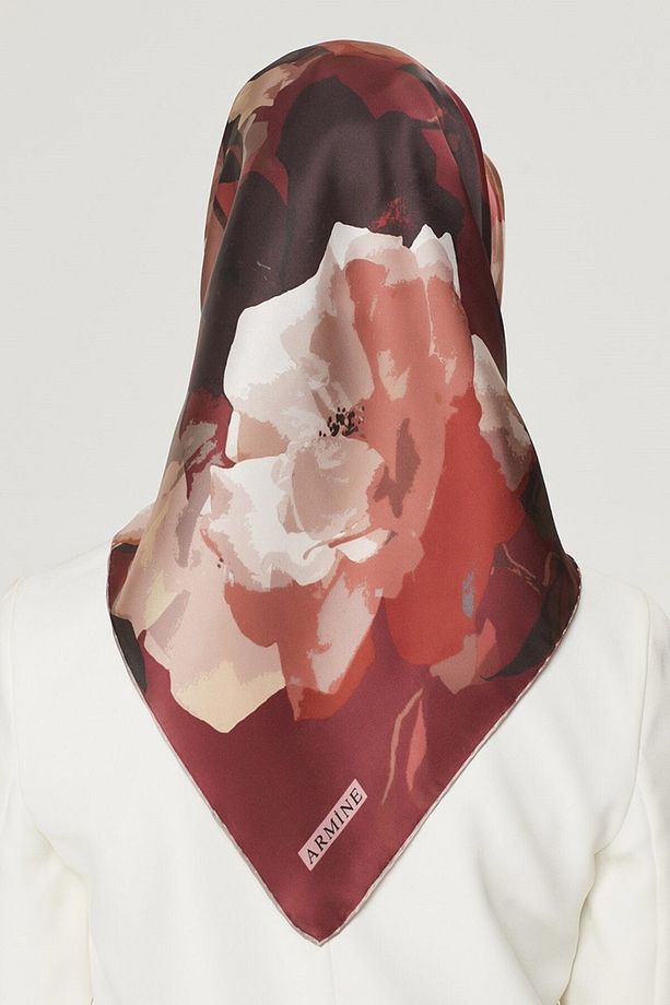Nostalji Serisi Twill İpek Eşarp 8534D-35 Çiçekli Desen SANGRİA RENGİ - 4