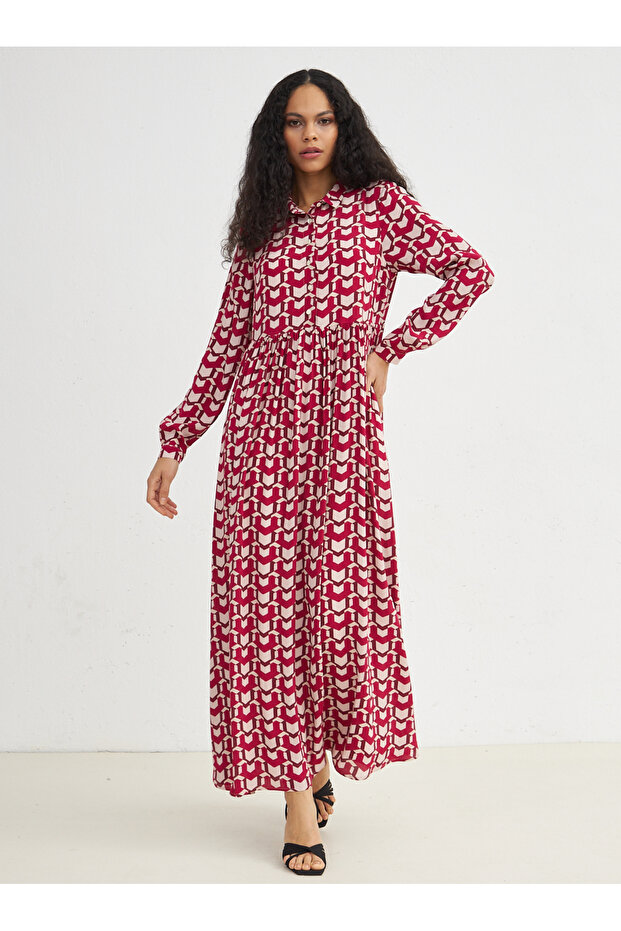 Red Patterned Viscose Dress - 1