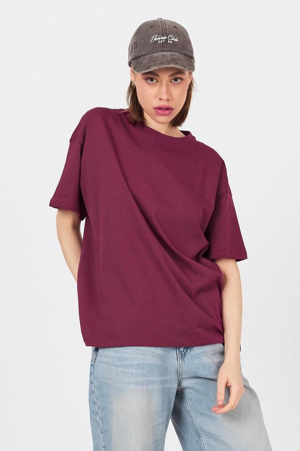 Claret Red Shoulder Text Printed 100% Cotton Oversize T-Shirt 2150-30m