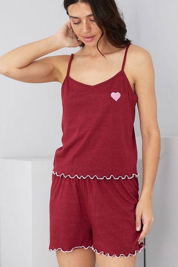 bordo kalp Nakışlı İp Askılı Örme Şort Takım7881 - 1