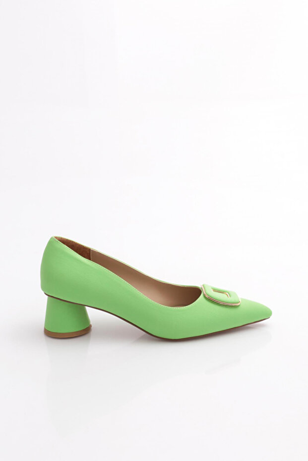 4320 Women's Pointed Toe Thick Short Heeled Shoes with Metal Accessories
