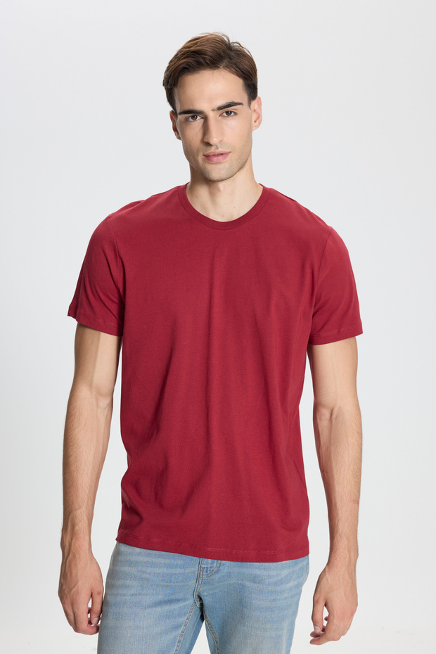 Cotton Slim Fit Slim Fit Crew Neck Claret Red T-Shirt
